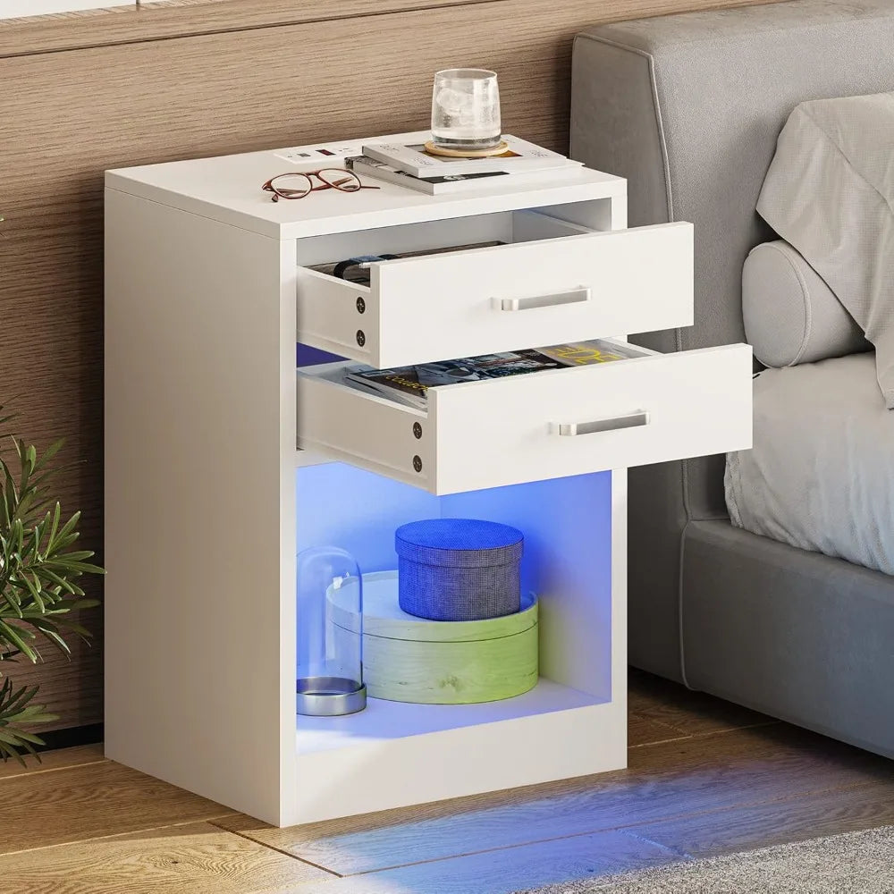 Modern LED Nightstand Set of 2 with Charging Station, USB Ports & Drawers, White Bedside Table for Bedroom Living Room