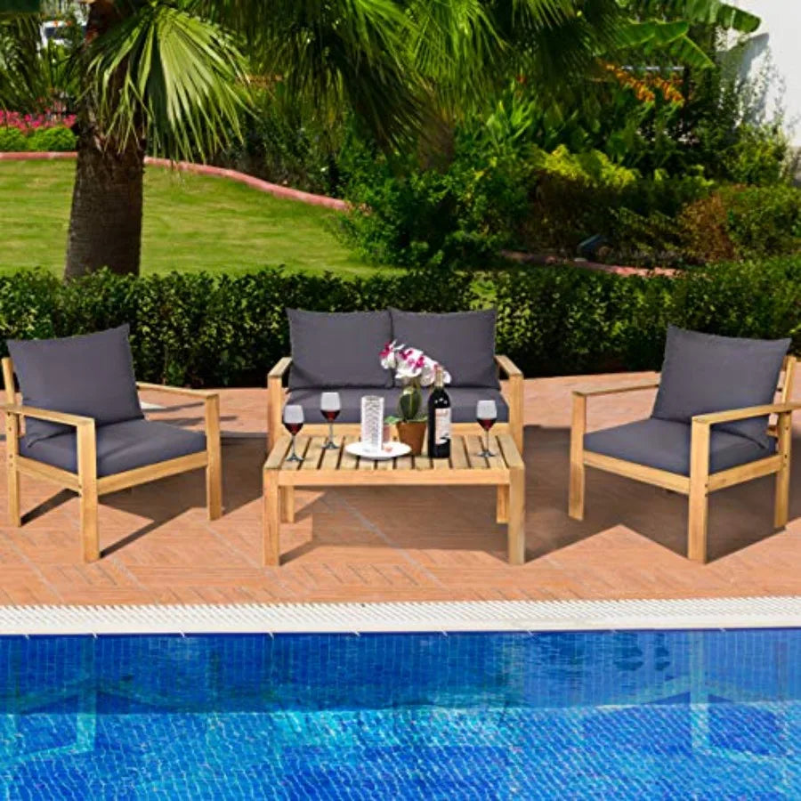 Outdoor 4-Piece Acacia Wood Chat Set 4 Seater Acacia Wood Conversation Sofa and Table Set with Waterproof Furniture Co