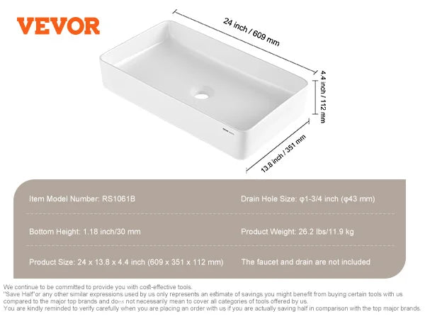 SucceBuy Rectangle Vessel Sink Bathroom Vessel Sink Countertop White Ceramic Bathroom Sinks Above Counter for Bathroom/Toilet