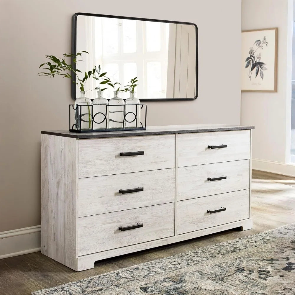 6 Drawer Double Dresser Wood Chest Storage Bedroom Furniture Whitewash Finish, Custom