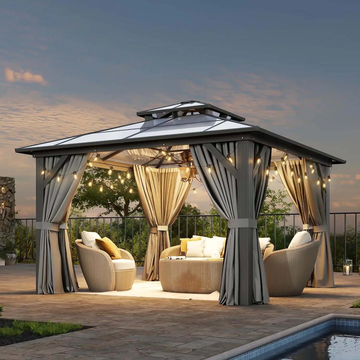 12'x12' Hardtop Gazebo, Permanent Aluminum-Framed Pavilion with Curtains & Mesh Screens, Featuring a Double-Layered