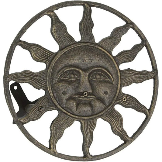 Bronze Finish Cast Iron Sun Face Garden Hose Holder 12 Inches in Diameter Decorative WallMounted Outdoor Hanger for Organized a