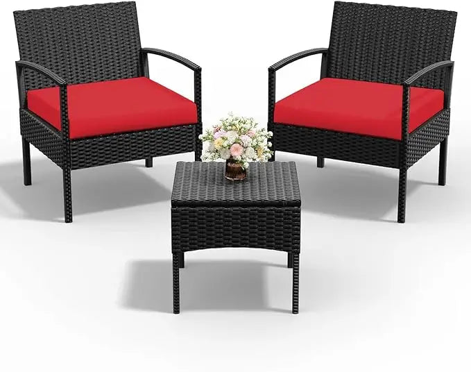 4 Piece Outdoor Wicker Patio Conversation Furniture Set, Rattan Chair Wicker Sofa Garden Conversation Sets with Cushion and Gla