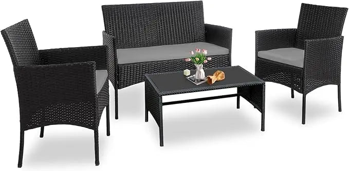 4 Piece Outdoor Wicker Patio Conversation Furniture Set, Rattan Chair Wicker Sofa Garden Conversation Sets with Cushion and Gla