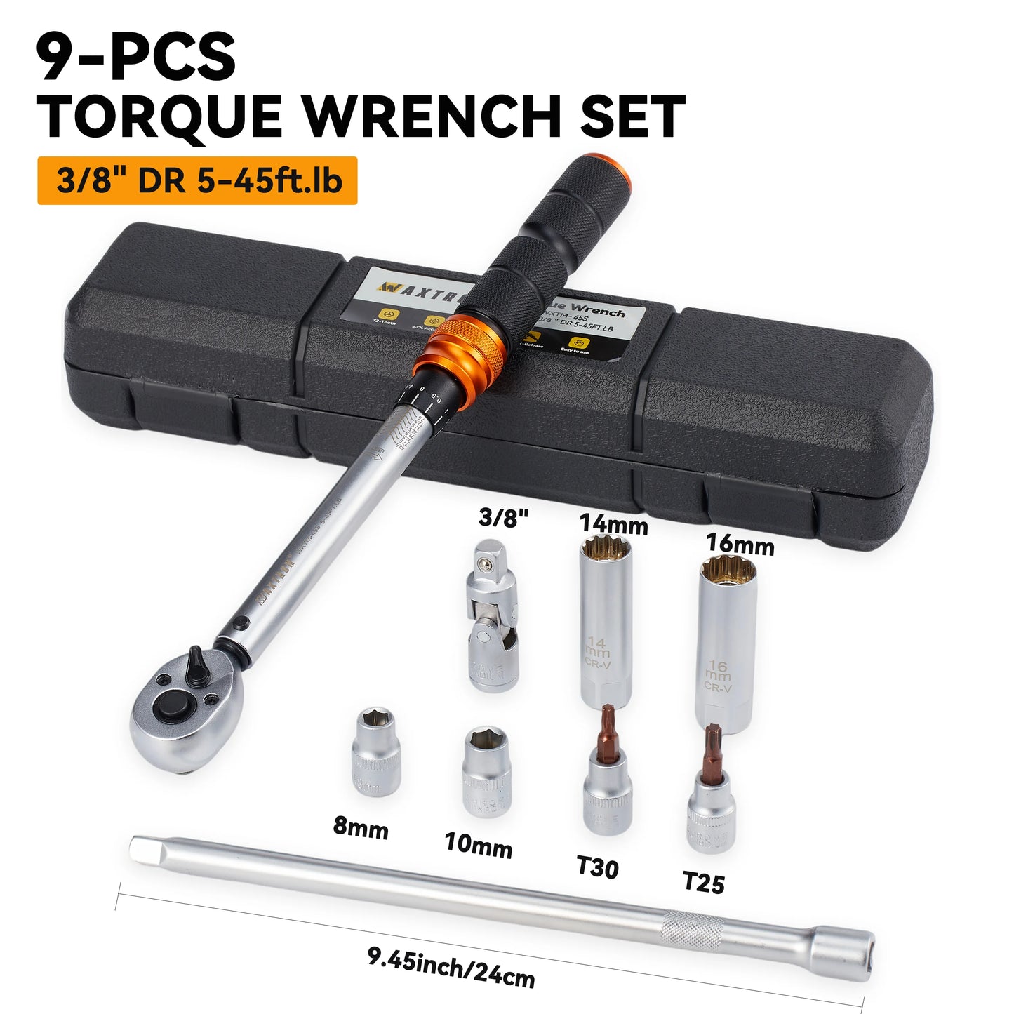 Waxtron 3/8'' Drive Torque Wrench Set 5-45ft.lb Professional Spark Plug Torque Wrench 9PCS For Car Repair Kit Hand Tools