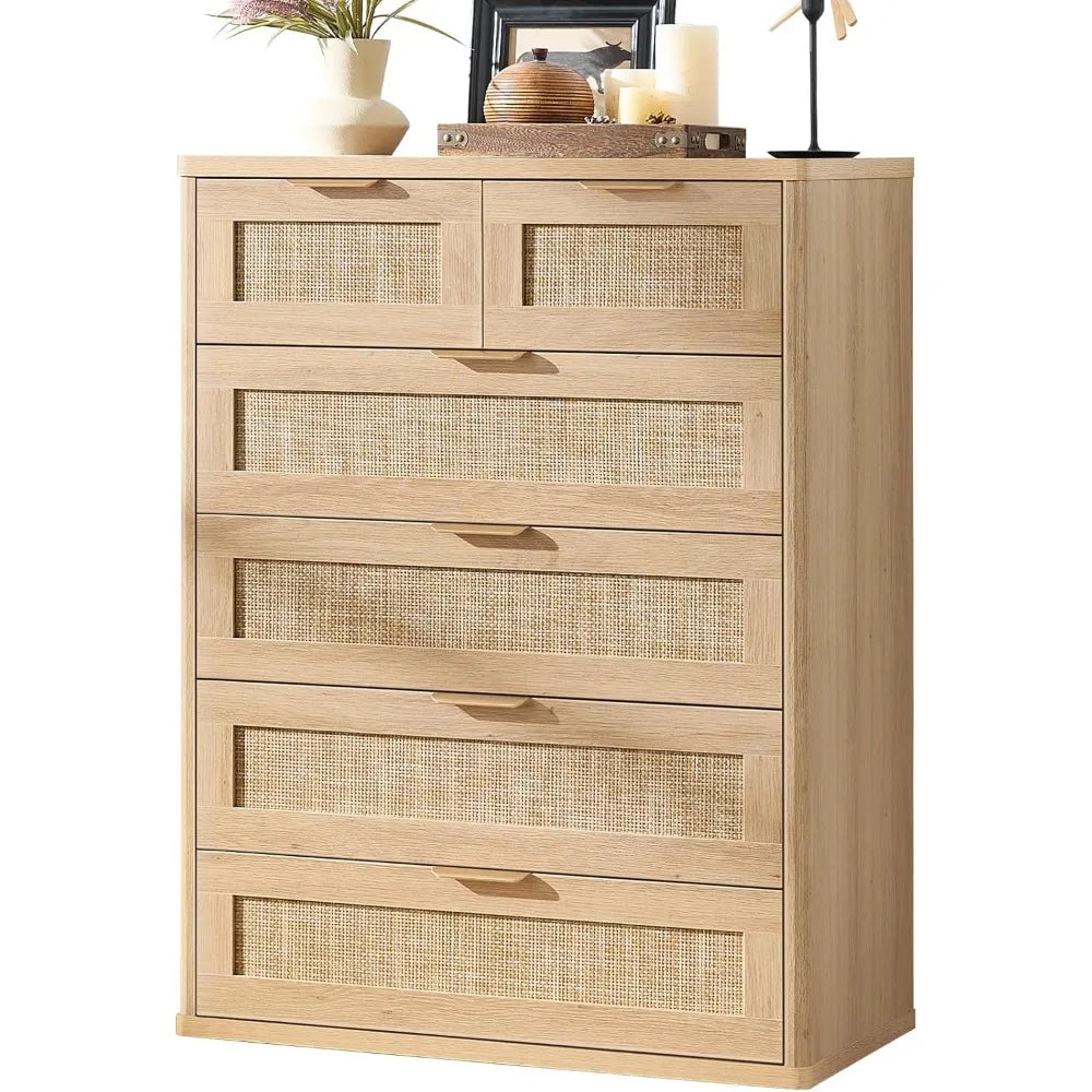 Rattan Dresser for Bedroom, 41" Tall Chest of Drawers, Modern 6 Drawers Boho Dressers with Storage, Light Oak Dresser,Customized