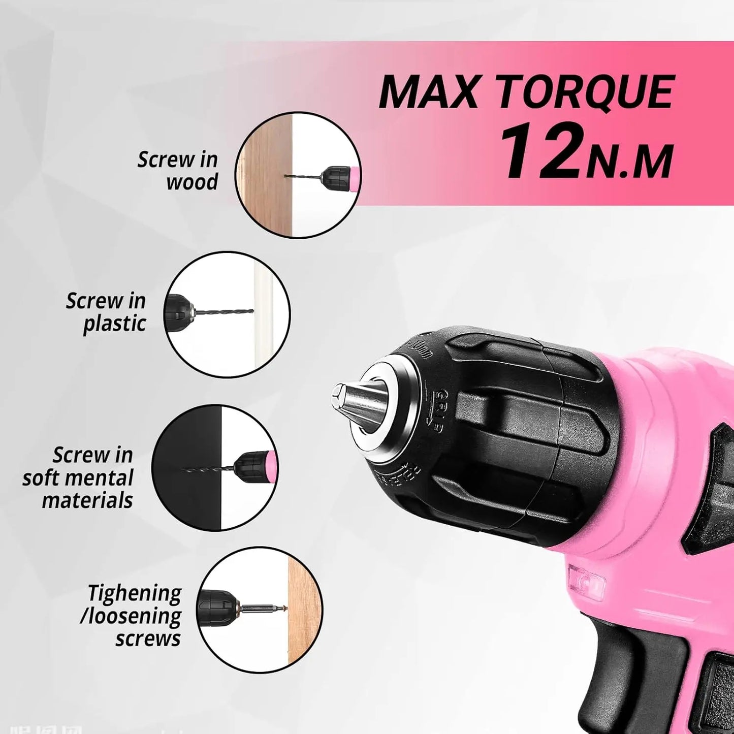 8V Pink Cordless Drill Set, 126-Piece Home Tool Kit for Women, with LED Light and Rechargeable Battery