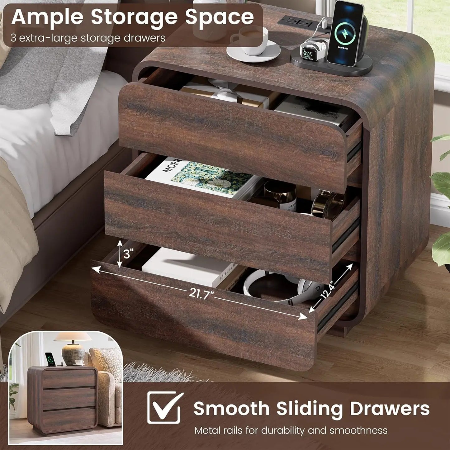 Walnut Curved Nightstand Set of 2, 23.2" Wide Wood Bedside Table with Charging Station, 3 Storage Drawers Night, Customized