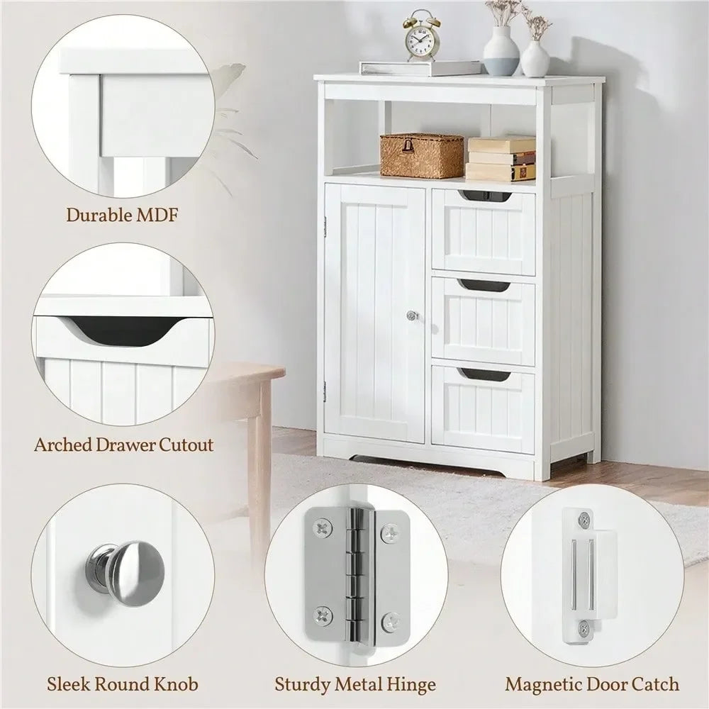 Modern Wooden Bathroom Floor Cabinet Wiht Adjustable Shelf, Multiple Tiers Storage Cabinet With Door 3 Drawers, For Kitchen, Li